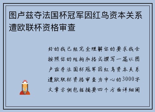 图卢兹夺法国杯冠军因红鸟资本关系遭欧联杯资格审查